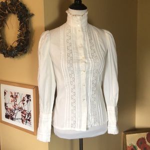 VINTAGE Laura Ashley Size 8 COTTAGE CORE Cotton High-Collar Lace Poofy Sleeve
